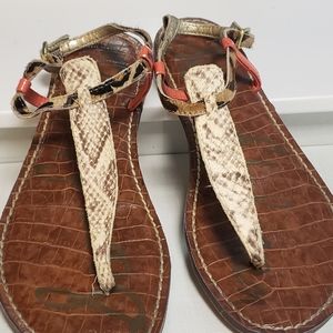 Sam Edelman Gigi Sandals Brown/Orange Snake Print Leather T-Strap Thong …